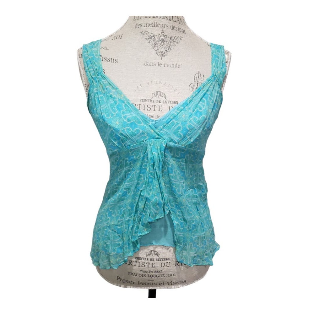 Gianni Bini Blue Heart Design V Neck Sheer Sleeveless Side Zipper Wavy Blouse